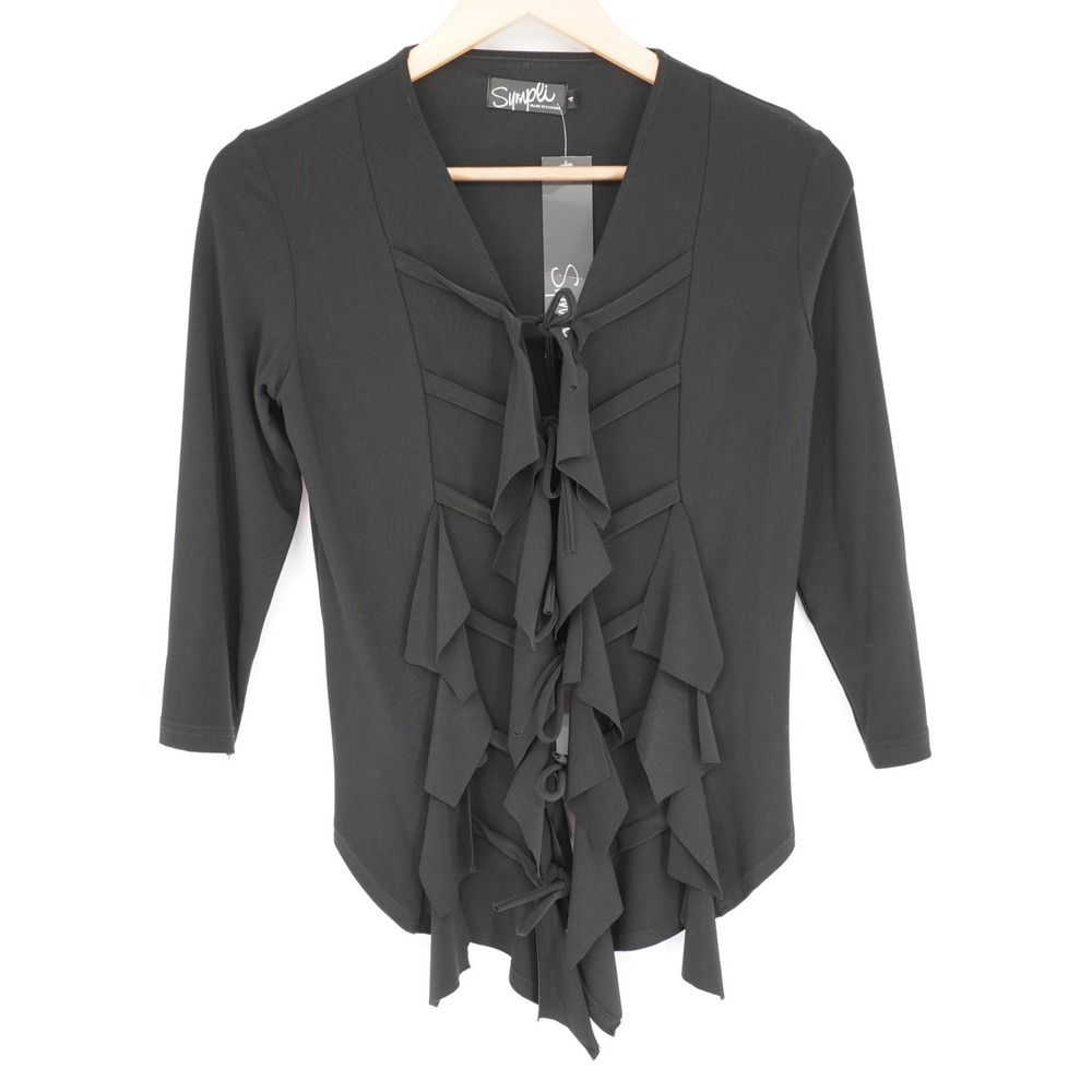Sympli Black Tie Front Ruffle Blouse Womens L Goth Avant Garde Stretch Top - Picture 2 of 14